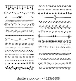 Hand drawn set of line frames. Vector sketch elements of flower ornaments for banner design. Floral border collection.