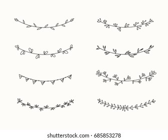 Hand drawn set of line frames on a white background. Sketch elements of floral and herbs ornaments for banner design. Line border collection. Arrows. Isolated separators. Vintage border. 