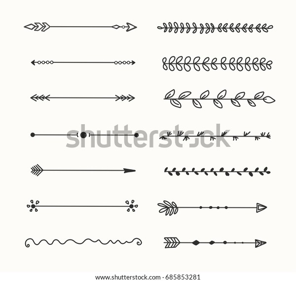 Hand drawn set of line frames on a white background.\
Sketch elements of floral and herbs ornaments for banner design.\
Line border collection. Arrows. Isolated separators. Vintage\
border. 