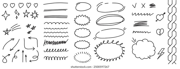Hand drawn set of line highlighting brushes. Doodle style speech bubble cloud. Hand drawn design elements. Vector illustration