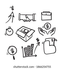 Hand Drawn Set Of Linear Icons Related To Finance Management, Trade Service And Investment Strategy In Doodle Style Vector