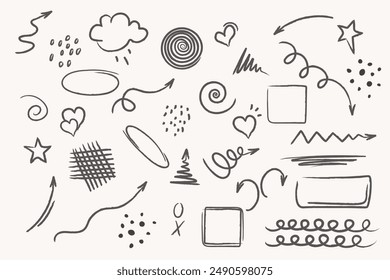 Hand drawn set of lines, arrows, elements. Hand drawn circle, cloud, speech bubble, grunge set of elements. Retro style illustration.