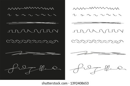 Hand drawn set of lines.Marker line divider, handmade pencil strokes brush and drawing dividers.Curve frame, decoration borders or floral ornament ink dividing isolated elements.Vector illustration. 