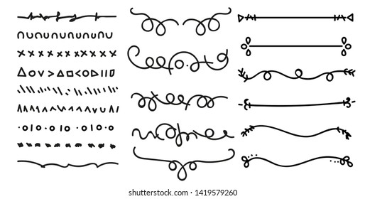 Hand drawn set of lines.Marker line divider, handmade pencil strokes brush and drawing dividers.Curve frame, decoration borders or floral ornament ink dividing isolated elements.Vector illustration. 