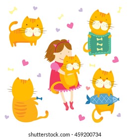 Hand drawn set of little orange tiger and his friend little sweet smiling girl
