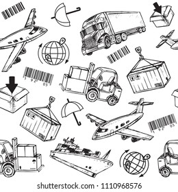 Hand drawn set logistic transport seamless pattern on a white background
