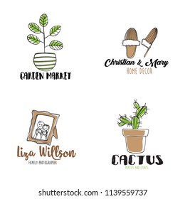 Hand drawn set of logos with cozy home elements