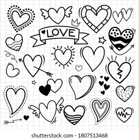 Hand drawn set of love  icon and elements on paper background