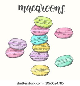 Hand drawn set of macaroons. Desert design for menu, advertising and banners. Sketch, lettering.