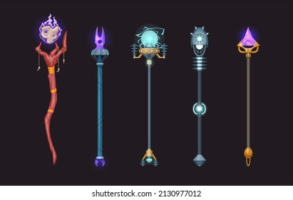 Hand drawn set of magic scepters and staves isolated on dark background.