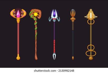 Hand drawn set of magic scepters and staves isolated on dark background