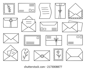 Hand Drawn Set Of Mail Envelope Doodle. Postcard, Letter, Post Stamp In Sketch Style. Post And Mail Service.  Vector Illustration Isolated On White Background.