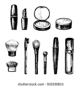 Hand drawn set of make up artist objects. Vector illustration.