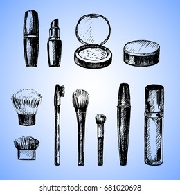 Hand drawn set of make up artist objects. Vector illustration.