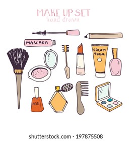 Hand drawn set of make up - mascara, tonal cream, shadows, lipstick, nail polish, etc. Perfect beauty vector illustration. 