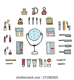 Hand drawn set of make up.Beauty vector illustration.