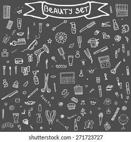 Hand drawn set of make up.Beauty vector illustration.