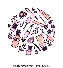 Hand drawn set of makeup beauty cosmetic elements, mascara, cream bottle, nail product, skin brush. Doodle sketch style. Illustration for makeup, beauty salon, cosmetic store icon, background design.