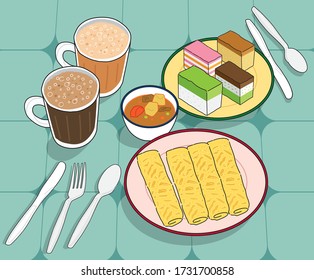 Hand drawn set of Malaysia tea time dessert kuih and curry, beverage coffee and teh tarik, with vintage tiles table. 