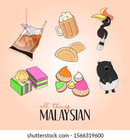 Hand drawn set of Malaysian elements that includes ikat tepi 3 layer tea, teh tarik, kuih lapis, kuih bahulu, ice gems, curry puff, hornbill and tapir