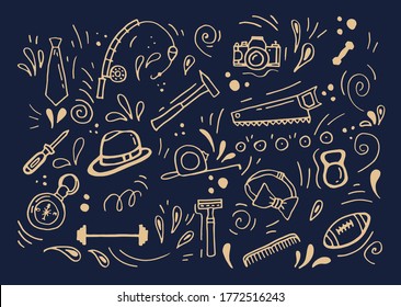 Hand drawn set of male items. Vector doodle objects - fishing rod, camera, screwdriver, hat, hammer, saw, tape measure, compass, bow, kettlebell, barbell, razor, ball, necktie, dumbbell, hairbrush.