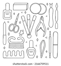 Hand drawn set of manicure and pedicure equipment doodle. Nail salon in sketch style. nail polish, tweezers, polish remover, nail clippers, scissors. Vector illustration isolated on white background.