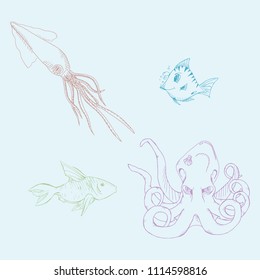 Hand drawn set of marine animals. Vector illustration of Doodle set of fish. Icon, logo cartoon squid, octopus, fish.
