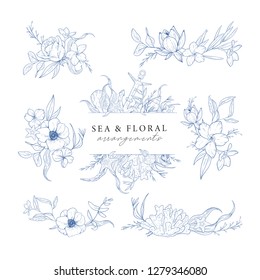 Hand drawn set of marine compositions isolated on white. Sea and floral arrangements. Vintage elements for invitations, greeting cards, covers and other items. Vector.