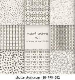 Hand drawn set marker and ink seamless patterns. Hand drawn circles, triangles, squares, snowflakes, hearts. Scribble for children