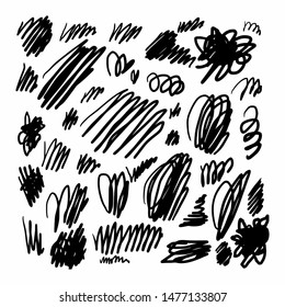 Hand drawn set of marker strokes for designs, templates etc. Vector illustration on white background. Monochrome freehand drawn scrawl sketch set vector. Collection of black and white design abstract.