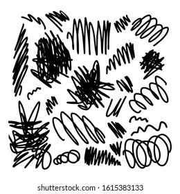 Hand drawn set of marker strokes for designs, templates etc. Vector illustration on white background. Monochrome freehand drawn scrawl sketch set vector. Collection of black and white design abstract.