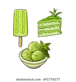 Hand drawn set of matcha green tea desserts - ice cream, cake and popsicle, sketch vector illustration isolated on white background. Hand drawn matcha tea ice cream, popsicle, layered cake