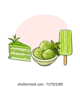 Hand drawn set of matcha green tea desserts - ice cream, cake and popsicle, sketch vector illustration with space for text.