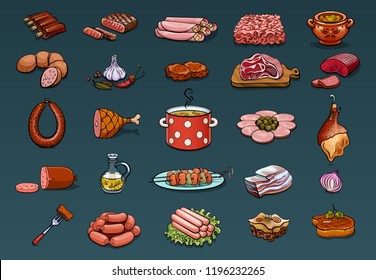 Hand drawn set of meat food. Vector icons with black outline