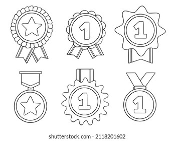 Set de medallas de garabatos. Medalla campeona y ganadora con cinta de dibujo.  Ilustración vectorial aislada en fondo blanco.