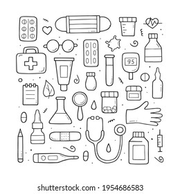 Hand drawn set of Medical doodle objects, elements and items. International nurse day. Isolated vector symbols on white background.