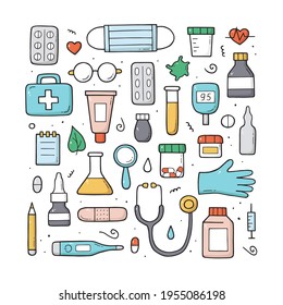 Hand drawn set of Medical doodle objects, elements and items. International nurse day. Isolated colored vector symbols on white background.