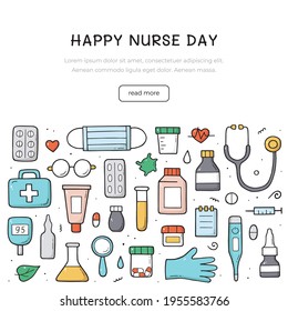 Hand drawn set of Medical doodle objects, elements and items in color. International nurse day template design. Vector composition.