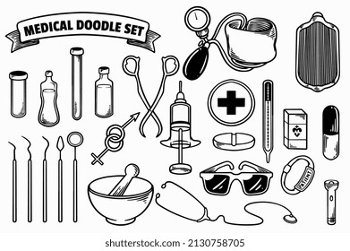 Hand drawn set of medical equipment stuff doodle isolated on white background.