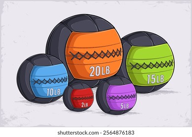 Hand drawn set of medicine balls with stitches, workout med balls for training and fitness use