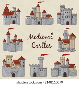 Hand drawn set of medieval european castle for ancient or fantasy map. Old knights gothic architecture. Funny doodle landmark.