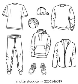 Hand drawn set of men s sportswear sketches. Hoodie, sweatshirt, joggers, t shirts, sport coat, snakers, cap and turban. Vector isolated outline sketch collection on white background