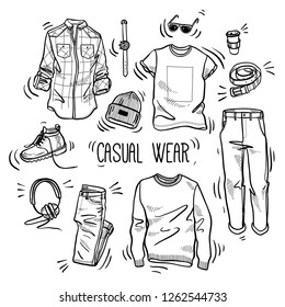 Hand drawn set of men's casual wear sketches: checked shirt, jumper, chino pants, jeans, t-shirt, beanie hat, boots, watches, headphones, belt and coffee in a paper cup. Vector isolated outline