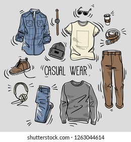 Dibujo manual de bocetos masculinos de ropa informal: camiseta a cuadros, puentes, pantalones chino, jeans, camiseta, sombrero de faldero, botas, relojes, auriculares, cinturón y café en una taza de papel. Ilustración vectorial coloreada