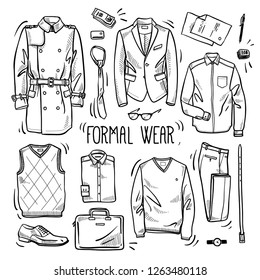 Hand drawn set of men's formal style wear sketches: shirts, jumper, pants, jacket, waist, coat, boots, watches, tie, belt and accessories. Vector isolated outline