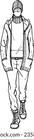 Hand drawn set of men's formal style wear sketches: shirts, jumper, pants, jacket, waist, coat, boots, watches, tie, belt and accessories. Vector isolated