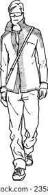 Hand drawn set of men's formal style wear sketches: shirts, jumper, pants, jacket, waist, coat, boots, watches, tie, belt and accessories. Vector isolated