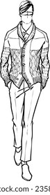 Hand drawn set of men's formal style wear sketches: shirts, jumper, pants, jacket, waist, coat, boots, watches, tie, belt and accessories. Vector isolated