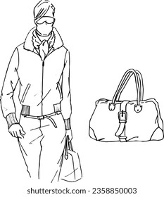 Hand drawn set of men's formal style wear sketches: shirts, jumper, pants, jacket, waist, coat, boots, watches, tie, belt and accessories. Vector isolated