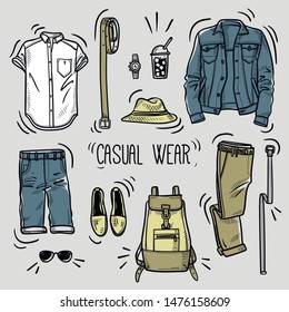 Hand drawn set of men's summer casual wear sketches: shirt, jeans jacket, linen chino pants, jeans shorts, boots espadrilles, watches, straw fedora hat, belt and backpack. Vector isolated colored